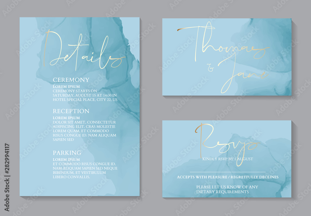 Wedding tender invitations and Card Template Design with Painted canvas bue and gold foil in luxurious Turquoise And Gold style Vector Illustration.