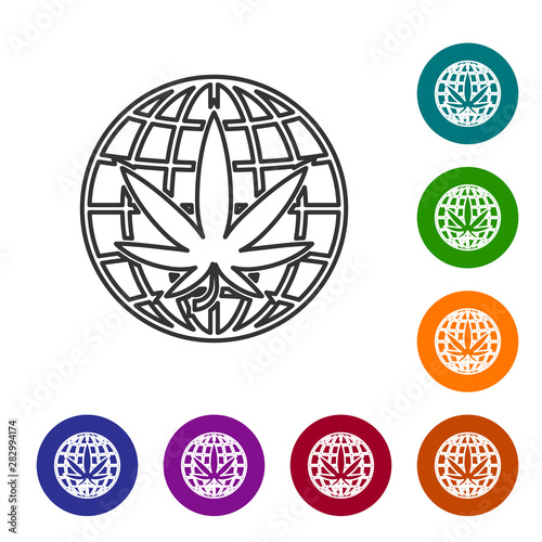 Grey line Legalize marijuana or cannabis globe symbol icon isolated on white background. Hemp symbol. Set icons in color circle buttons. Vector Illustration