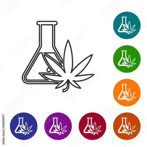 Grey line Chemical test tube with marijuana or cannabis leaf icon isolated on white background. Research concept. Laboratory CBD oil concept. Set icons in color circle buttons. Vector Illustration