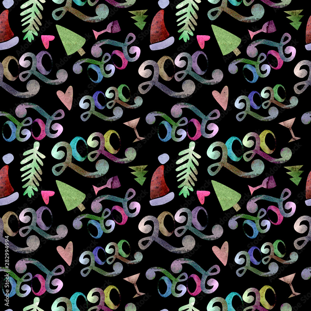 Obraz premium Seamless pattern watercolor NEW YEAR 2020 and Merry Christmas. On a black background, Christmas trees, numbers, gift, martini glass and heart. Created using the collage technique.