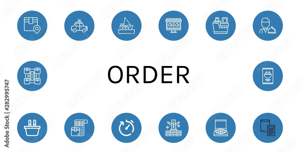 Set of order icons such as Logistics, Police car, Ship, Online order, Shipping, Waiter, Shopping basket, Packing list, Delivery time, Bonus, Pizza box, Invoice, Nachos , order