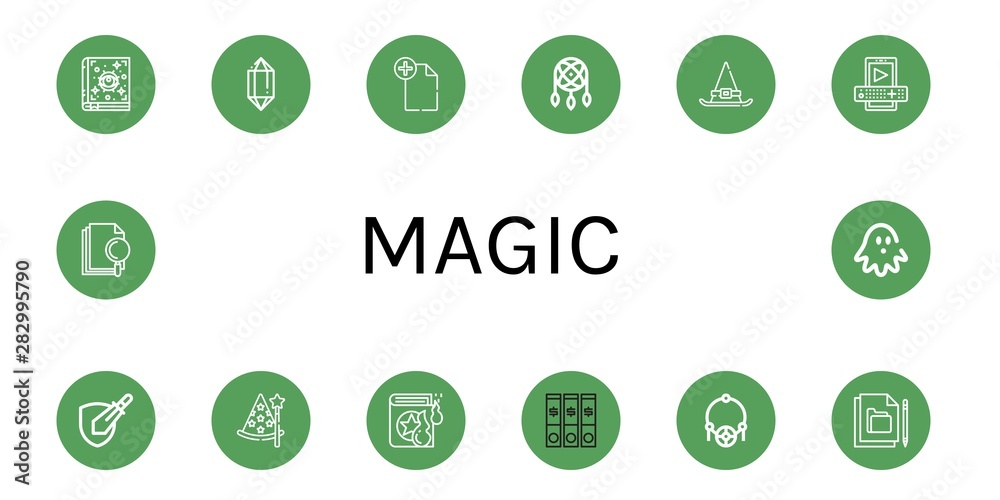 Set of magic icons such as Spellbook, Crystal, File, Dreamcatcher, Witch  hat, Entertainment, Rpg game, Wizard, Spell book, Amulet, Haunted house ,  magic Stock Vector | Adobe Stock