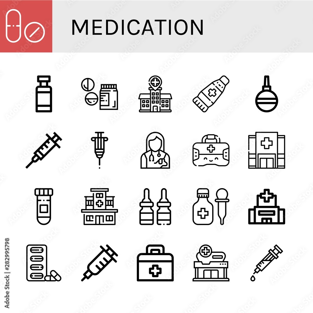 Fototapeta premium Set of medication icons such as Drug, Drug container, Drugs, Hospital, Ointment, Pear Enema, Syringe, Vaccine, Veterinarian, First aid kit, Medicine, Pills, Vaccination , medication