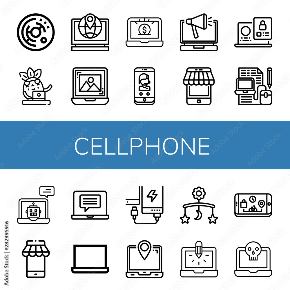 Set of cellphone icons such as Cell, Laptop, Phone, Mobile, Power bank , cellphone Set of cellphone icons such as Cell, Laptop, Phone, Mobile, Power bank , cellphone