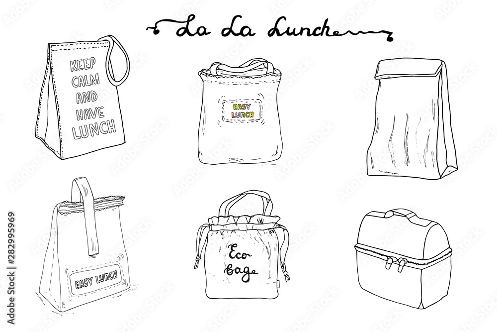 Lunch boxes, lunch bags set. La la lunch vector sketch illustration