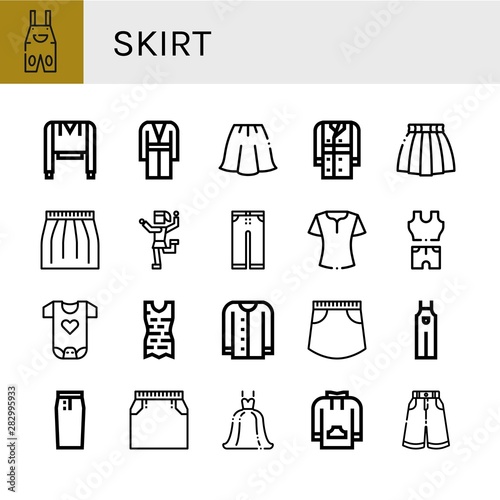 Set of skirt icons such as Overall  Sweatshirt  Coat  Skirt  Trench coat  Traditional dance  Trousers  Blouse  Clothes  Baby clothes  Cardigan  Pencil skirt  Wedding dress  