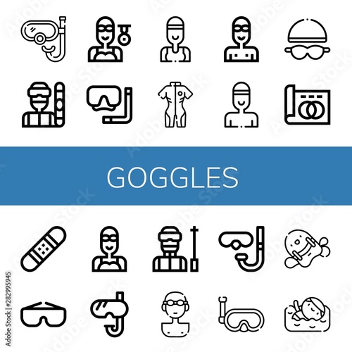 Set of goggles icons such as Snorkel, Snowboarder, Swimmer, Diving mask, Neoprene, Goggles, Greyscale, Snowboard, Ski, Diving glasses, Pool kickboard , goggles