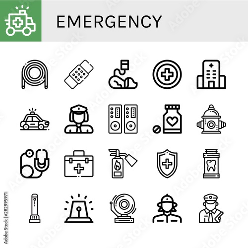 Set of emergency icons such as Ambulance, Hose, Patch, Veterinary, Red cross, Hospital, Police car, Policewoman, Loudspeaker, Medicine, Fire hydrant, Stethoscope, First aid kit , emergency