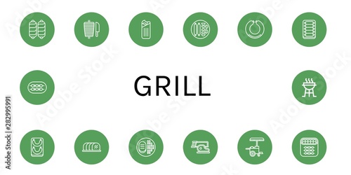 Set of grill icons such as Sausage, Shawarma, Ribs, Tenderloin, Steak, Hot dog, Shish kebab, Charcoal grill , grill