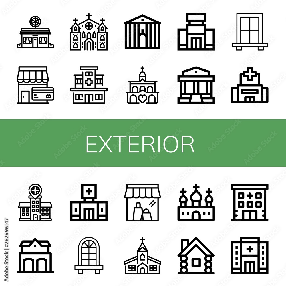 Set of exterior icons such as Pizza shop, Shop, Church, Hospital, Town hall, Shopping mall, Parthenon, Window, Fire station, Clinic, Wooden house , exterior