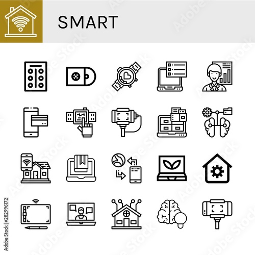 Set of smart icons such as Domotics, Tablets, Cds, Smartwatch, Ebook, Analyst, Mobile payment, Selfie stick, Laptop, Brain, Smart home, Communication, Smart greenhouse ,