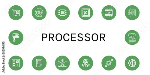 Set of processor icons such as Video card, Artificial intelligence, Cpu, Rom, Chip, Motherboard, Spreadsheet, Technology, Electric mixer, Mixer , processor