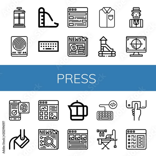 Set of press icons such as French press, Fingerprint, Slide, Keyboard, Article, News, Ironed, Journalist, Cmyk, Fingerprint identification, Heavy, Ironing board, Fingerprint scan , press