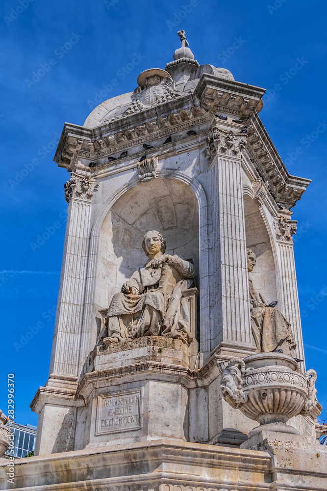 Paris Fontaine Saint-Sulpice (or Orateurs-Sacre Fontaine, 1843 - 1848) - monumental fountain in Place Saint-Sulpice. Fountain figures represent French religious figures of XVII century. Paris, France. Paris Fontaine Saint-Sulpice (or Orateurs-Sacre Fontaine, 1843 - 1848) - monumental fountain in Place Saint-Sulpice. Fountain figures represent French religious figures of XVII century. Paris, France.