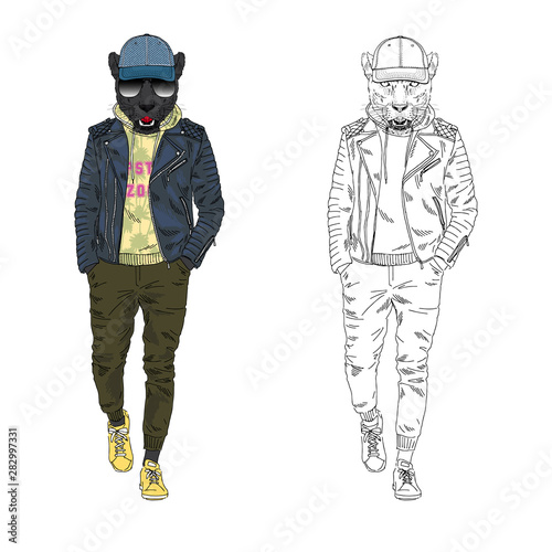 Panther man dressed up in leather jacket hoodie and cap. Anthropomorphic urban fashion wild cat animal illustration. City Hipster Black Leopard.