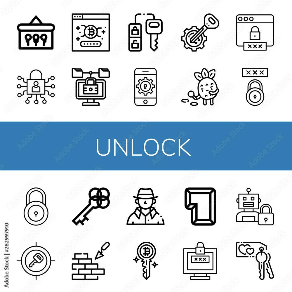 Set of unlock icons such as Keys, Lock, Password, Car key, Key, Detective, Brickwall , unlock