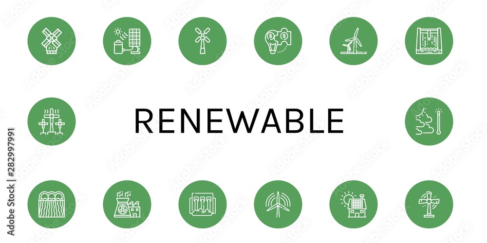 Set of renewable icons such as Windmill, Solar cell, Hybrid solution, Wind energy, Dam, Hydro power, Nuclear power, Wind turbine, Solar panel, Turbine, Global warming , renewable Set of renewable icons such as Windmill, Solar cell, Hybrid solution, Wind energy, Dam, Hydro power, Nuclear power, Wind turbine, Solar panel, Turbine, Global warming , renewable