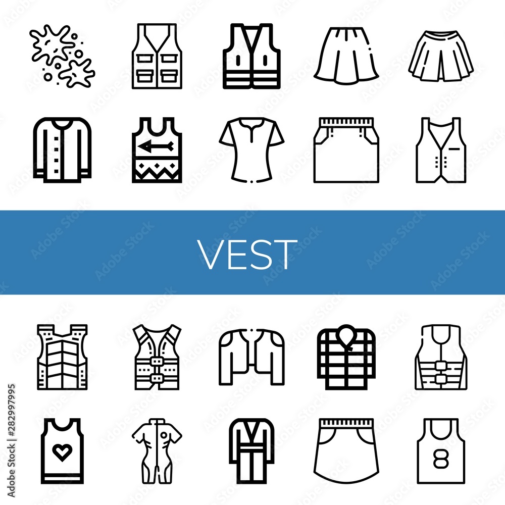 Set of vest icons such as Paintball, Cardigan, Vest, Singlet, Blouse, Skirt, Bulletproof vest, Tank top, Life jacket, Neoprene, Coat, Anorak , Set of vest icons such as Paintball, Cardigan, Vest, Singlet, Blouse, Skirt, Bulletproof vest, Tank top, Life jacket, Neoprene, Coat, Anorak ,