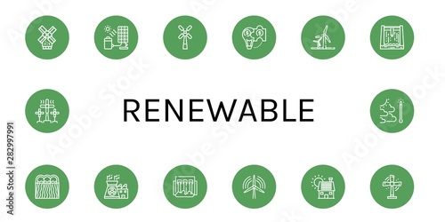 Set of renewable icons such as Windmill, Solar cell, Hybrid solution, Wind energy, Dam, Hydro power, Nuclear power, Wind turbine, Solar panel, Turbine, Global warming , renewable © Natalia