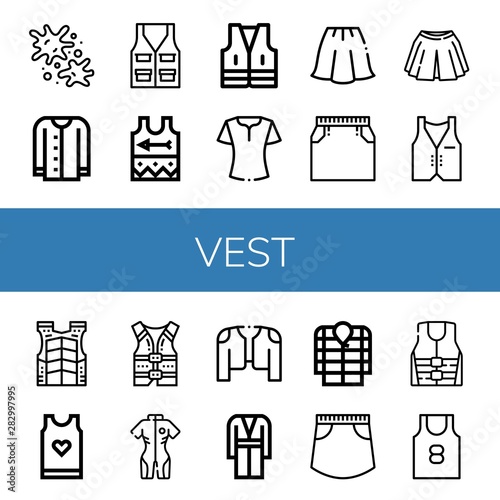 Set of vest icons such as Paintball, Cardigan, Vest, Singlet, Blouse, Skirt, Bulletproof vest, Tank top, Life jacket, Neoprene, Coat, Anorak ,