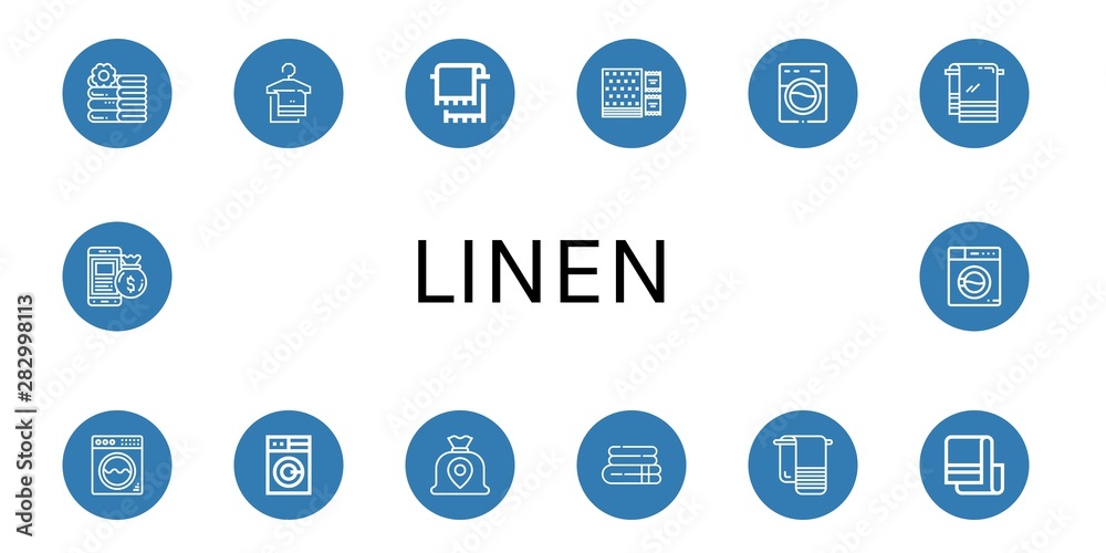 Set of linen icons such as Towels, Towel, Napkin, Washing machine, Money bag , linen Set of linen icons such as Towels, Towel, Napkin, Washing machine, Money bag , linen