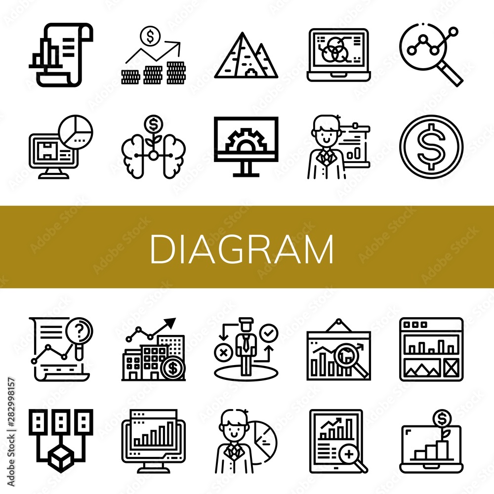 Set of diagram icons such as Analytics, Statistics, Graph, Growth, Pyramid, Engeneering, Data, Presentation, Budget, Analysis, Data mining, Chart, Strategy, Pie chart , diagram