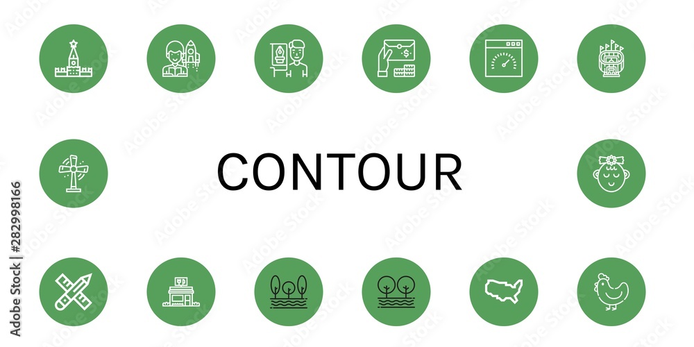 Set of contour icons such as Kremlin, Astronomer, Graphic designer, Email, Speedometer, Stadium, Pencil, Restaurant, Tree, United states of america, Hen, Turbine, Girl , contour Set of contour icons such as Kremlin, Astronomer, Graphic designer, Email, Speedometer, Stadium, Pencil, Restaurant, Tree, United states of america, Hen, Turbine, Girl , contour