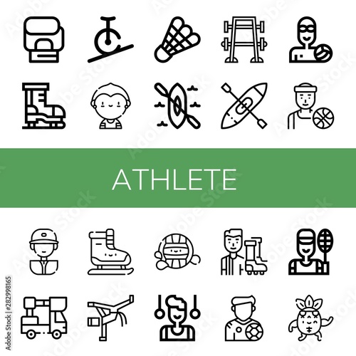 Set of athlete icons such as Boxing gloves, Ice skate, Rope biking, Soccer player, Shuttlecock, Kayak, Bench press, Waterpolo, Basketball player, Baseball player, Lifter , athlete
