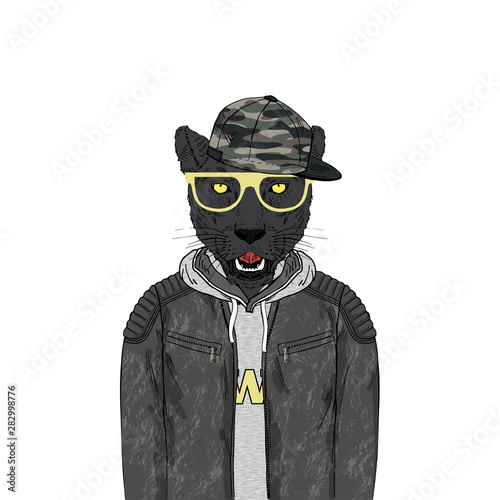 Portrait of Panther man dressed up in leather jacket hoodie and cap. Anthropomorphic urban fashion wild cat animal illustration. City Hipster Black Leopard.