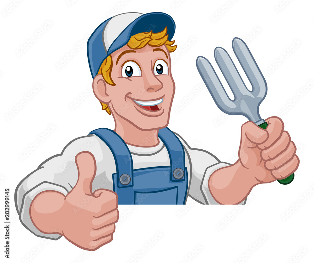 A gardener, handyman or farmer cartoon caretaker contractor man holding a garden fork tool. Peeking over a sign and giving a thumbs up A gardener, handyman or farmer cartoon caretaker contractor man holding a garden fork tool. Peeking over a sign and giving a thumbs up