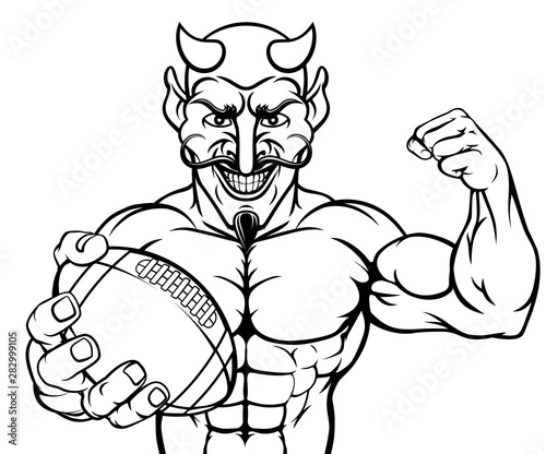 A devil Satan American Football sports mascot cartoon character man holding a ball
