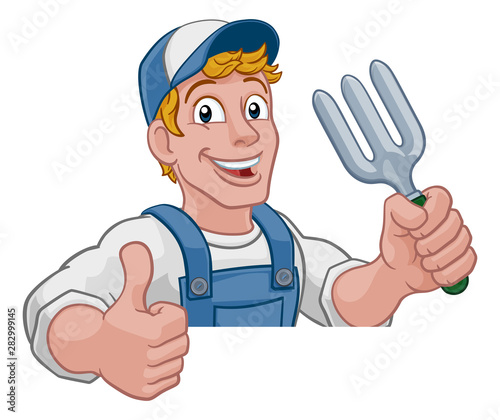 A gardener, handyman or farmer cartoon caretaker contractor man holding a garden fork tool. Peeking over a sign and giving a thumbs up