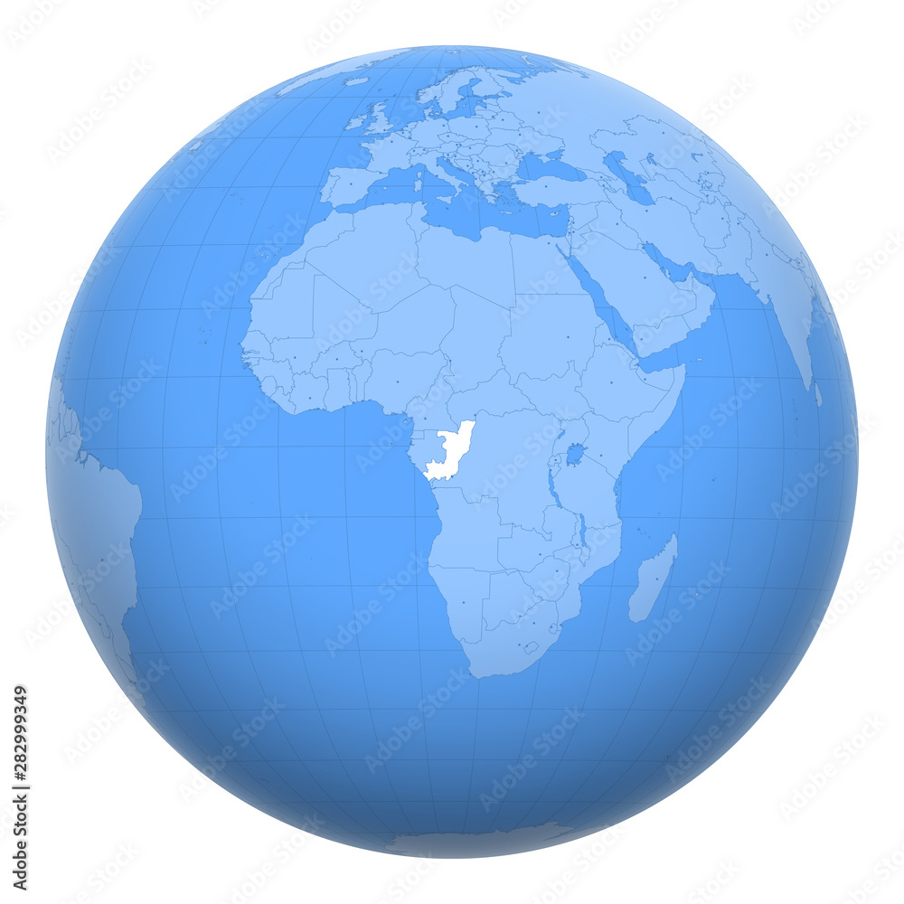 Republic of the Congo (ROC) on the globe. Earth centered at the location of the Congo. Map of Congo-Brazzaville. Includes layer with capital cities. Republic of the Congo (ROC) on the globe. Earth centered at the location of the Congo. Map of Congo-Brazzaville. Includes layer with capital cities.