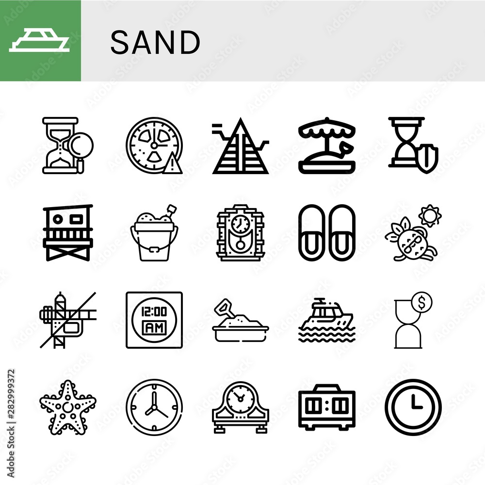 Set of sand icons such as Yacht, Sand clock, Clock, Pyramid, Sandbox, Hourglass, Lifeguard tower, Sand bucket, Cuckoo clock, Slippers, Sunbathing, Construction, Digital , Set of sand icons such as Yacht, Sand clock, Clock, Pyramid, Sandbox, Hourglass, Lifeguard tower, Sand bucket, Cuckoo clock, Slippers, Sunbathing, Construction, Digital ,