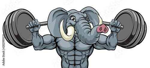 An elephant animal body builder sports mascot weight lifting a barbell