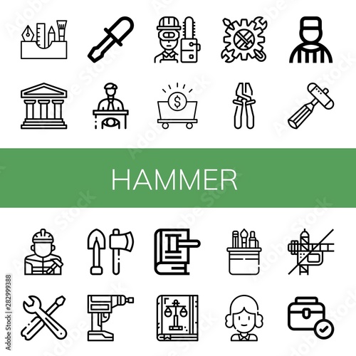 Set of hammer icons such as Painting tools, Legal, Chisel, Eyewitness, Carpenter, Mine, Tool, Plier, Prisoner, Neurology reflex hammer, Builder, Tools, Driller, Law, Law book , hammer