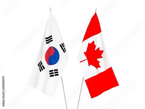 National fabric flags of South Korea and Canada isolated on white background. 3d rendering illustration.