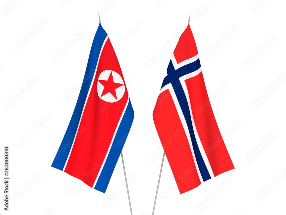 National fabric flags of Norway and North Korea isolated on white background. 3d rendering illustration.
