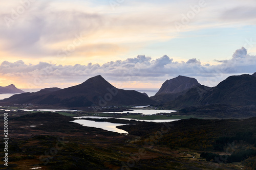 Sunset over mountains on Lofoten Islands in Norway