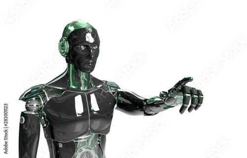 Black and green intelligent robot cyborg pointing finger on white 3D rendering © sdecoret