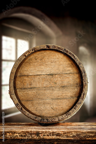 wooden old barrel and free space for your decoration 