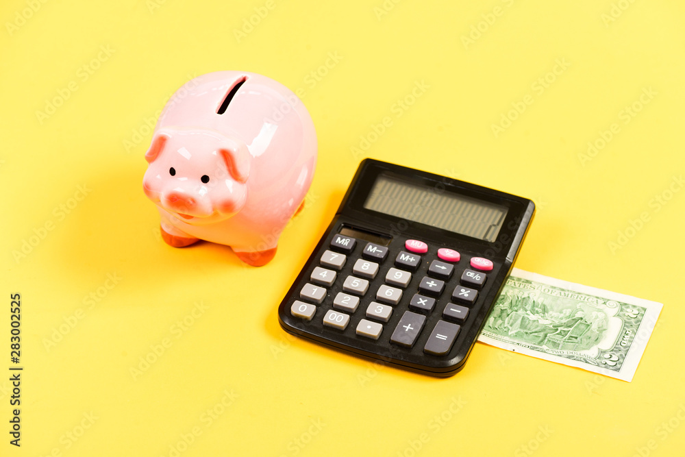 only cash. planning and counting budget. moneybox with calculator. Piggy bank. income capital management. bookkeeping. financial problem. money saving. Accounting and payroll only cash. planning and counting budget. moneybox with calculator. Piggy bank. income capital management. bookkeeping. financial problem. money saving. Accounting and payroll