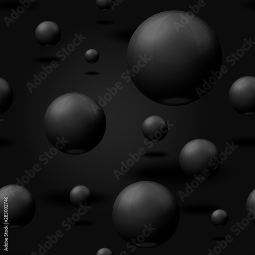 Vector 3D realistic seamless pattern with black marble balls, flying in the air, isolated on dark background.