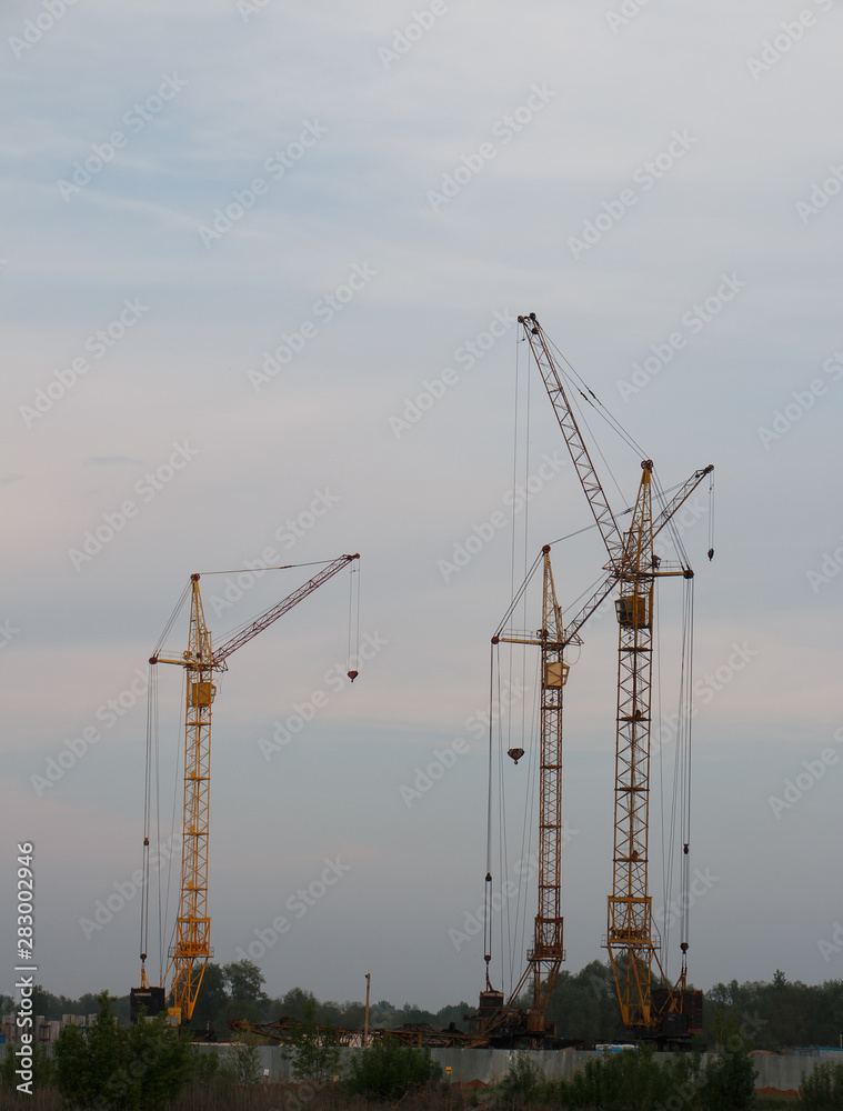 Construction cranes at sunset at dusk