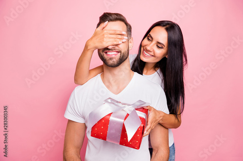 Canvas Print Photo of nice cute couple wearing white t-shirt of young people with girlfriend