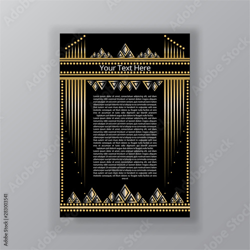 Art Deco page template, retro  style for web and print, city and the lights pattern with golden lines. Modern design for menu or flyer, luxury gentle 