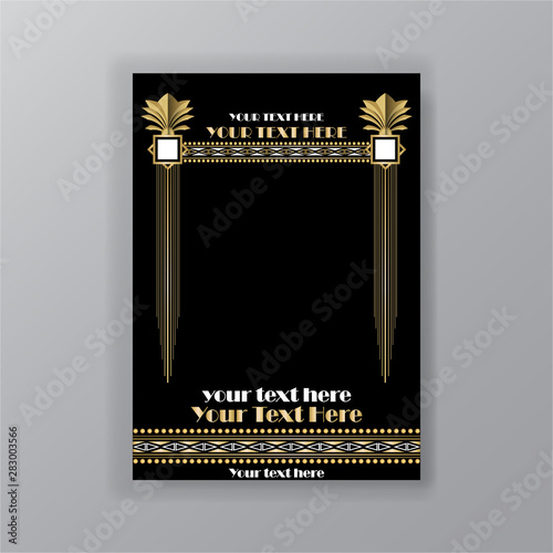 Art Deco page template, retro  style for web and print, city and the lights pattern with golden lines. Modern design for menu or flyer, luxury gentle 