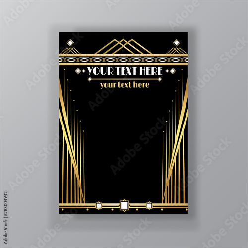 Art Deco page template, retro  style for web and print, city and the lights pattern with golden lines. Modern design for menu or flyer, luxury gentle 
