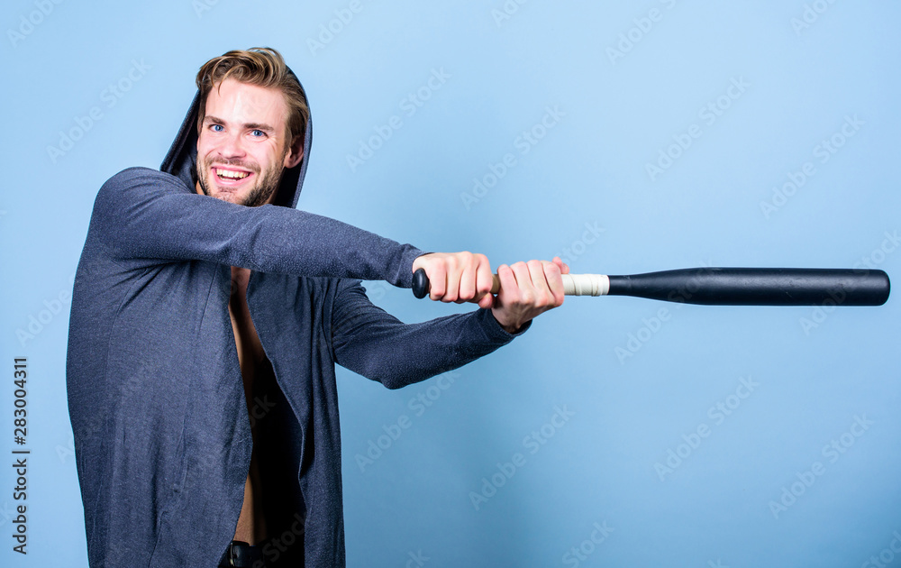 Bully mood. Bad boy concept. Man handsome bully guy with baseball bat.  Strong and confident. Sport equipment. Sportsman strong macho looks  threatening with bat. Aggression masculinity strong temper Photos | Adobe  Stock