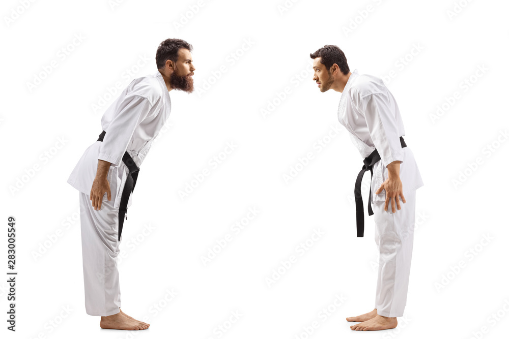 Two men in karate kimonos bowing